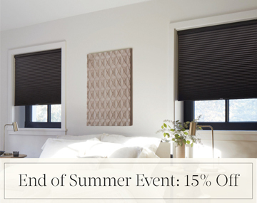 End of Summer Event: 15% Off written in black text over an image of dark-hued Cellular Shades in a contemporary bedroom