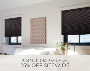 Cellular Shades in Midnight hang in a contemporary bedroom with overlaid sales messaging for Summer Design Event 25% Off