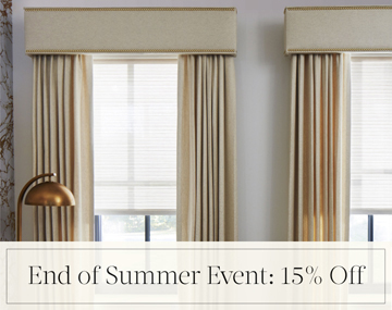 End of Summer Event: 15% Off written in black text over an image of Drapery and Cornices with Nailheads in a room