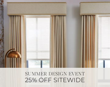 Cornices with Nailheads add polish to a room with a marble wall with sales messaging for Summer Design Event 25% Off