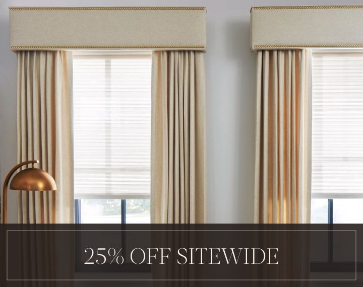25% Off Sitewide in white text over an image of Metal Drapery Hardware in various finishes.