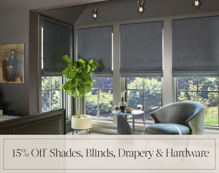 15% Off Shades, Blinds, Drapery & Hardware in black text over an image of a room with 5% Metallic in Zinc Solar Shades