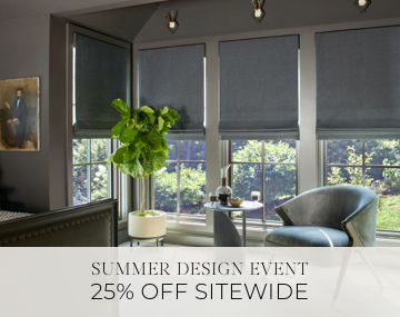 Flat Roman Shades of Wool Blend, Charcoal cover bedroom windows with overlaid sales messaging for Summer Design Event 25% Off