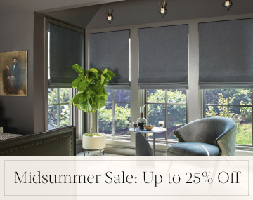 Flat Roman Shades of Wool Blend, Charcoal cover bedroom windows with overlaid text, Midsummer Sale: Up to 25% off