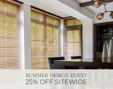2 Inch Champagne Metal Blinds cover tall windows in a modern dining room with sales messaging for Summer Design Event 25% Off