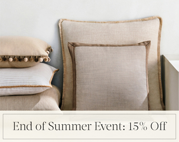 End of Summer Event: 15% Off written in black text over an image of Square Pillows in neutral fabrics with various trims