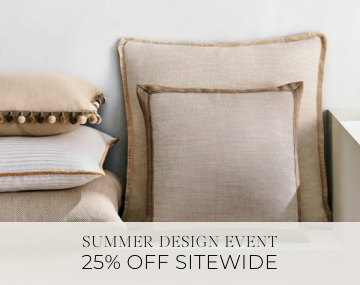 Square Pillows feature neutral colored fabric and various piping styles with sales messaging for Summer Design Event 25% Off