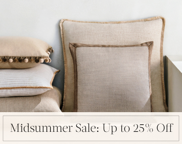 Square Pillows feature neutral colored fabric and various piping styles with overlaid text, Midsummer Sale: Up to 25% off