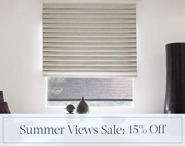 Pleated Roman Shade of Wool Blend adds softness to a modern room with sales messaging for Summer Views Sale: 15% Off