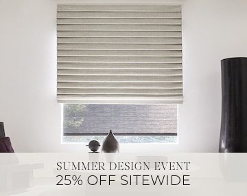 Pleated Roman Shade of Wool Blend adds softness to a modern room with sales messaging for Summer Design Event 25% Off