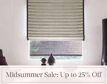 Pleated Roman Shade of Wool Blend adds softness to a modern room with overlaid text, Midsummer Sale: Up to 25% off