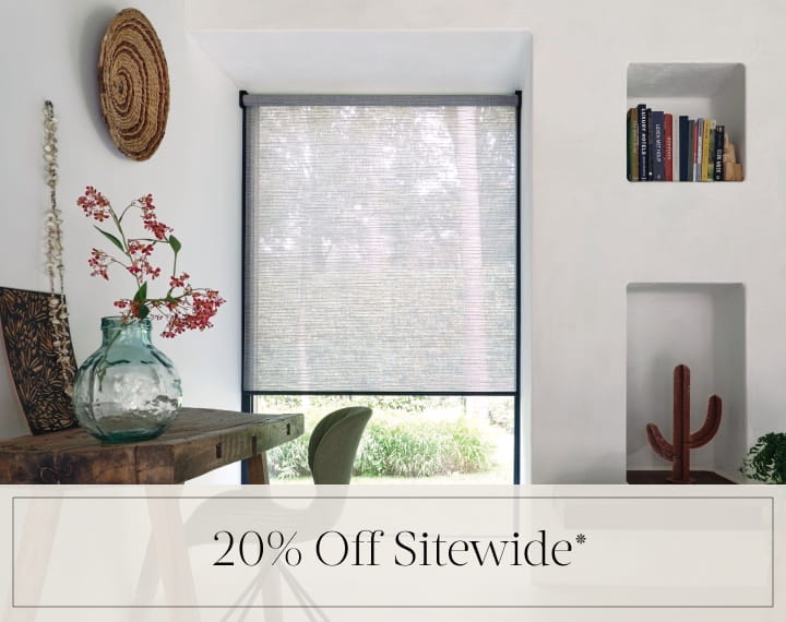 20% Off Sitewide in black text over an image of an office window with grey roller shades.