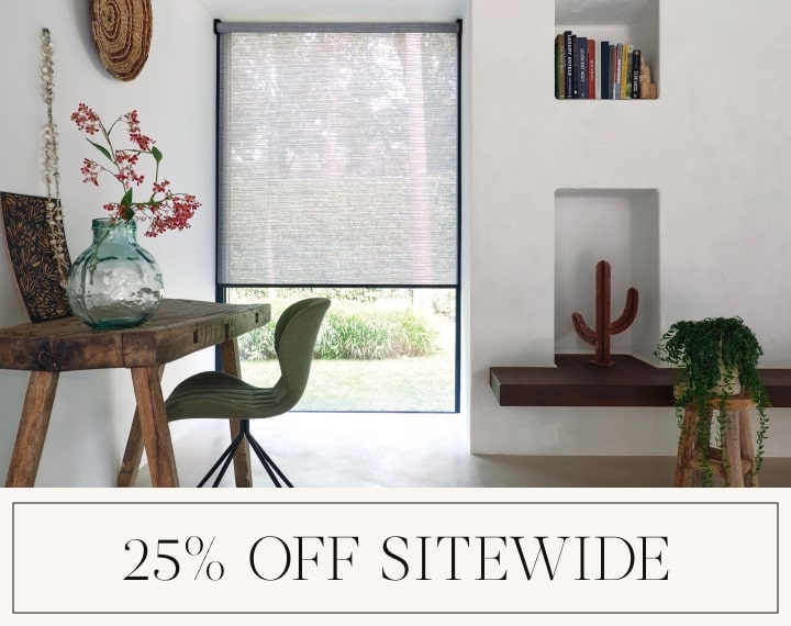25% Off Sitewide in black text over an image of an office window with grey roller shades.