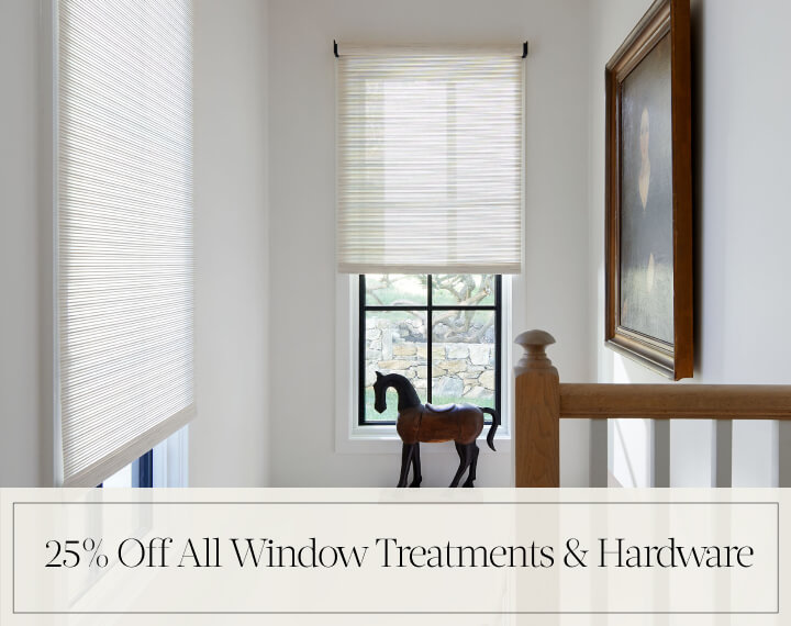 25% Off All Window Treatments & Hardware in black text over an image of Roller Shades on windows in a stairwell