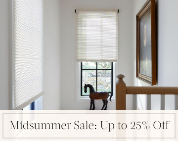 Roller Shades made of Mesa Verde cover stairwell windows with overlaid text, Midsummer Sale: Up to 25% off