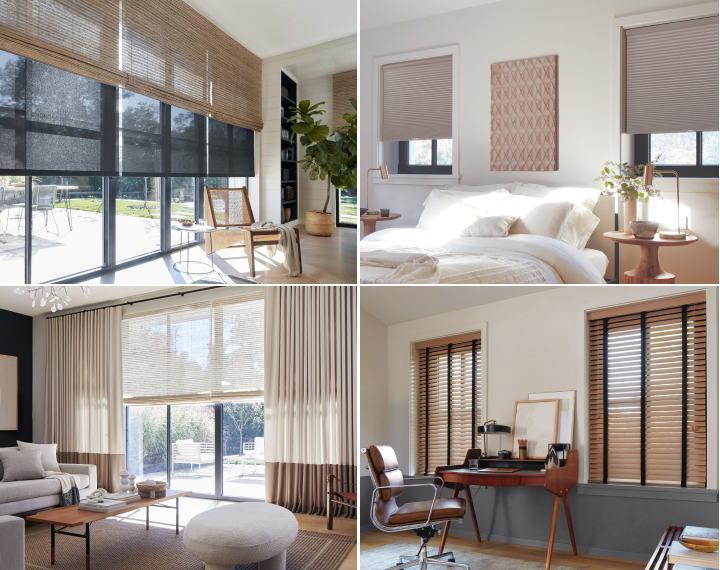 Four images show shades, blinds and drapery in multiple rooms including a living room, office and bedroom