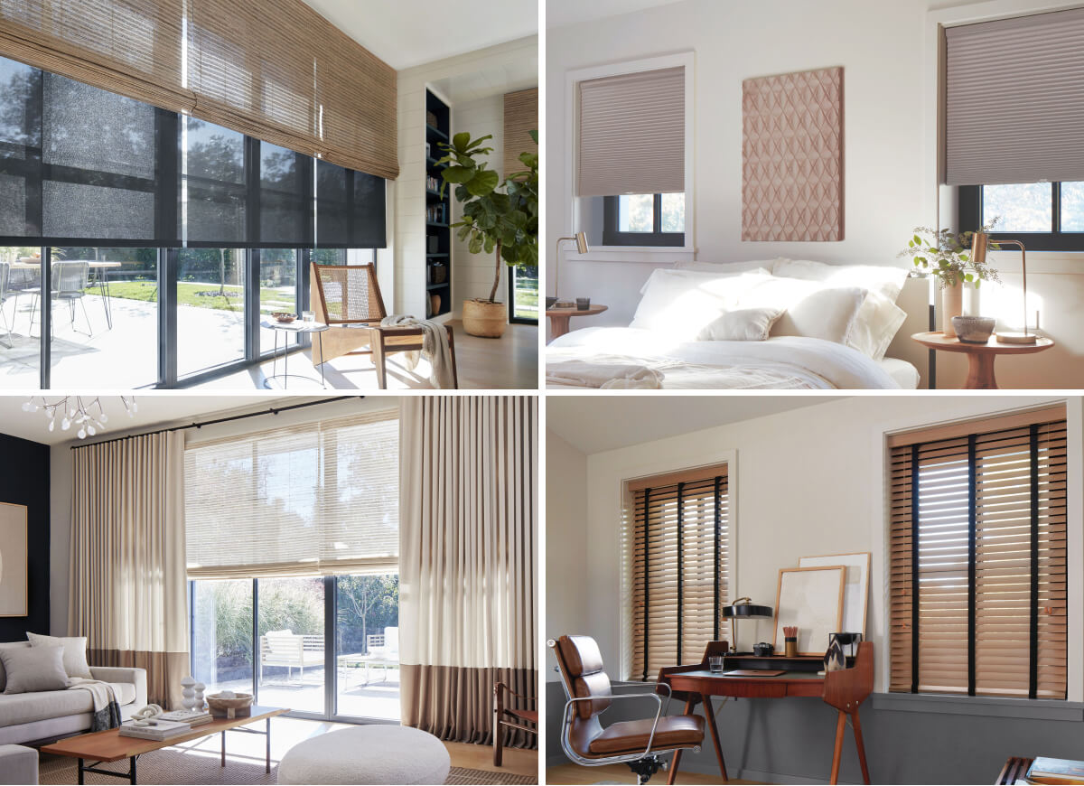 Four images show shades, blinds and drapery in multiple rooms including a living room, office and bedroom