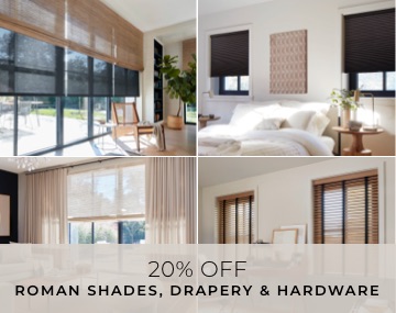 Four images show window treatments including shades, blinds and drapery in multiple rooms with overlaid sales messaging