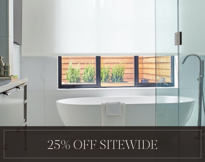 25% Off Sitewide in white text over an image of a bathroom window with white solar shades.