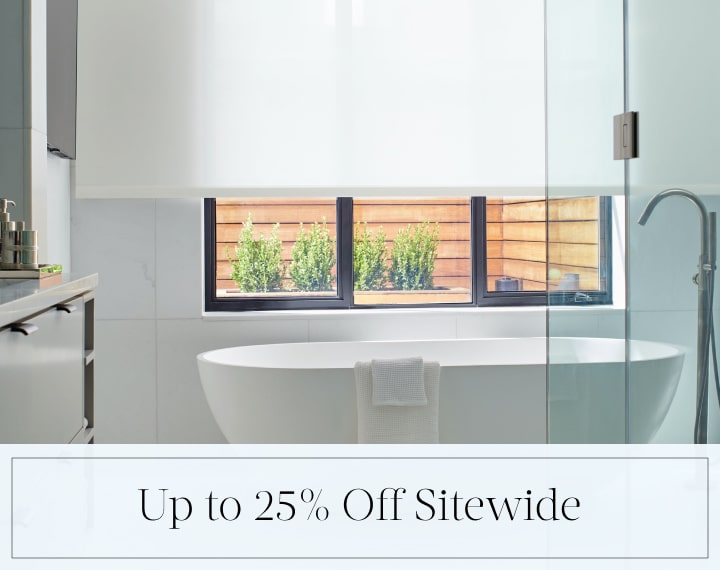 Up to 25% Off Sitewide in black text over an image of a bathroom window with white solar shades.