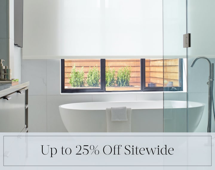 Up to 25% Off Sitewide in black text over an image of a bathroom window with white solar shades.