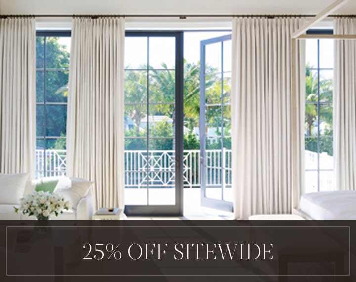 25% Off Sitewide in white text over an image of windows with Woven Wood Shades and Drapery.