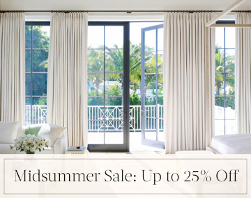 Tailored Pleat Drapery in Petal Pearl cover patio doors in a bedroom with overlaid text, Midsummer Sale: Up to 25% off