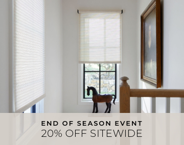 A black framed window featuring Venetian Roller Shades over stairs with a railing and horse with 20 Percent Sitewide text