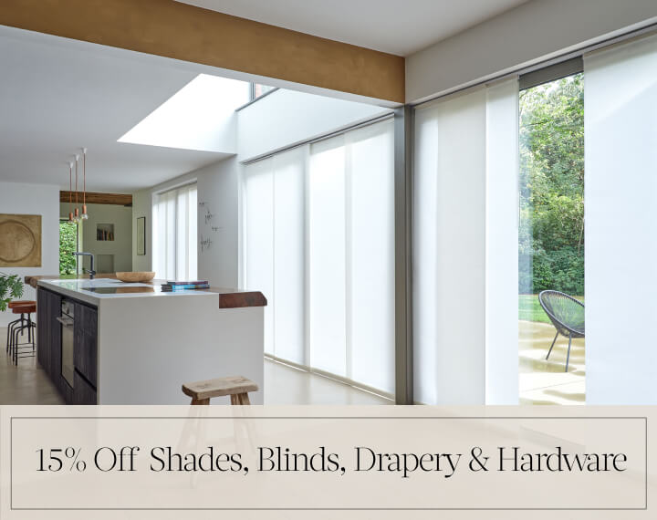 15% Off Shades, Blinds, Drapery & Hardware in black text over an image of Panel Track Vertical Blinds on patio doors