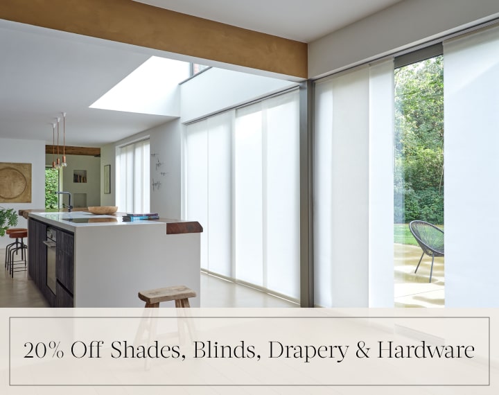 20% Off Shades, Blinds, Drapery & Hardware in black text over an image of Panel Track Vertical Blinds on patio doors.