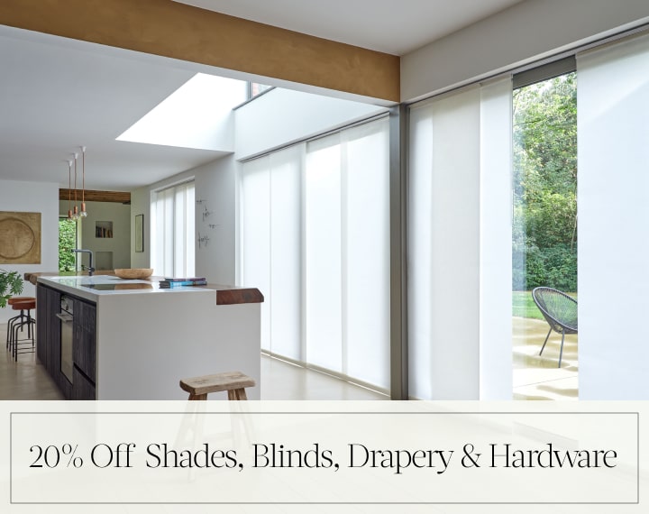 20% Off Shades, Blinds, Drapery & Hardware in black text over an image of Panel Track Vertical Blinds on patio doors.