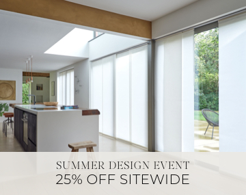 Panel Track Vertical Blinds cover large patio doors in an open kitchen with sales messaging for Summer Design Event 25% Off