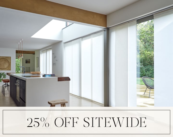 25% Off Sitewide in black text over an image of Panel Track Vertical Blinds on patio doors.