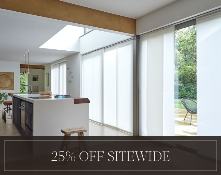 25% Off Sitewide in white text over an image of Panel Track Vertical Blinds on patio doors.
