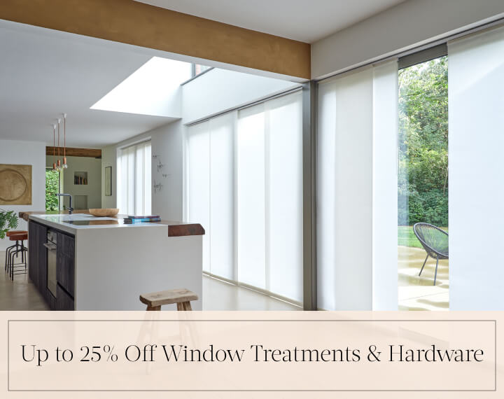 Up to 25% Off Window Treatments & Hardware in black text over an image of Panel Track Vertical Blinds on patio doors