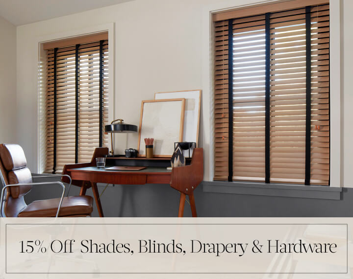 15% Off Shades, Blinds, Drapery & Hardware in black text over an image of Oak Wood Blinds in an office