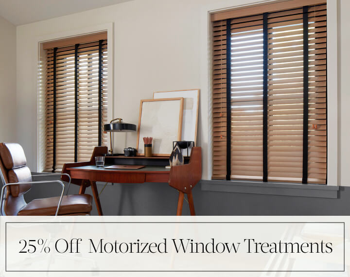 25% Off Motorized Window Treatments in black text over an image of a room with 5% Metallic in Zinc Solar Shades