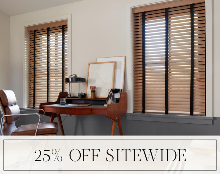 25% Off Sitewide in black text over an image of office windows dressed with Oak Wood Blinds.