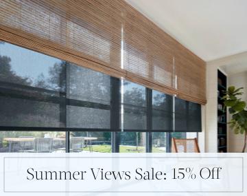 Waterfall Woven Wood Shades & Solar Shades cover large windows with overlaid sales messaging for Summer Views Sale: 15% Off
