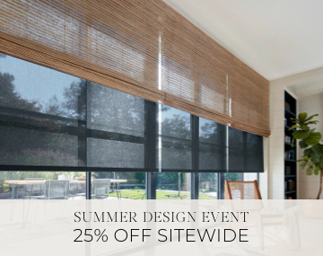 Waterfall Woven Wood Shades & Solar Shades cover large windows with overlaid sales messaging for Summer Design Event 25% Off