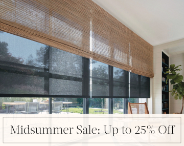 Waterfall Woven Wood Shades & Solar Shades cover large windows with overlaid text, Midsummer Sale: Up to 25% off